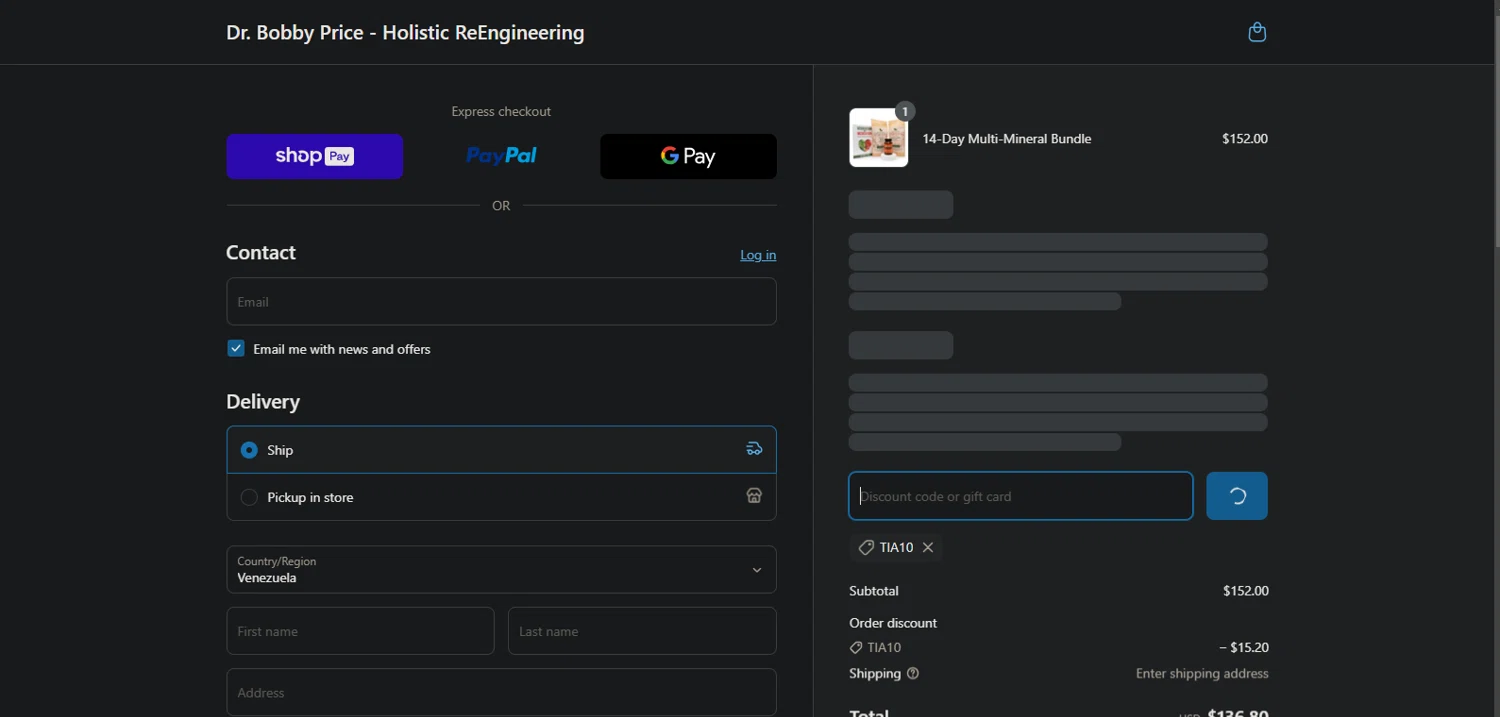 Dr. Bobby Price discount code screenshot showing code TIA10 applied at Dr. Bobby Price checkout page. Uploaded by SimplyCodes community member Nor_man on Mar 27, 2025