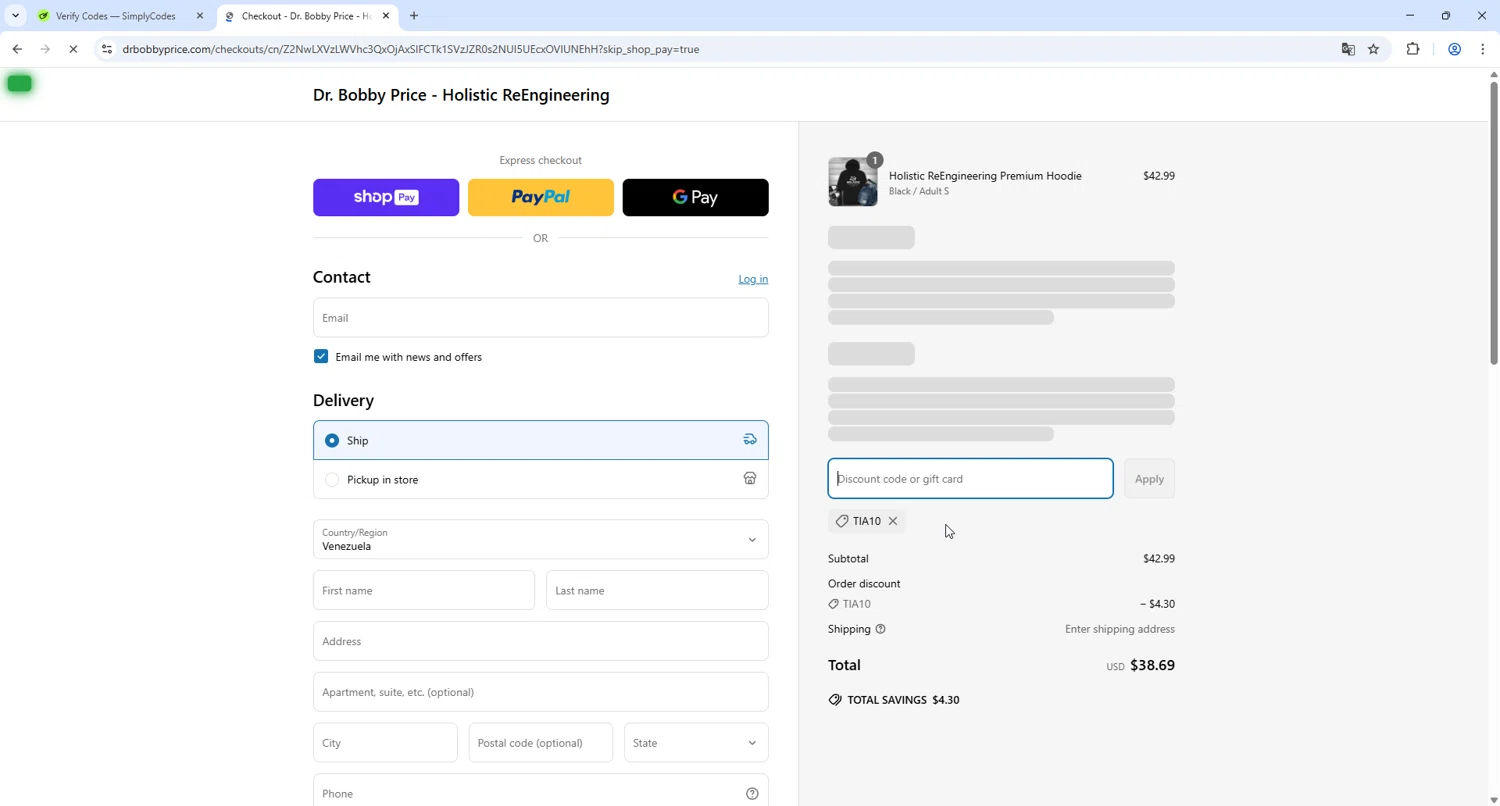 Dr. Bobby Price discount code screenshot showing code TIA10 applied at Dr. Bobby Price checkout page. Uploaded by SimplyCodes community member INSECTOS on Mar 27, 2025