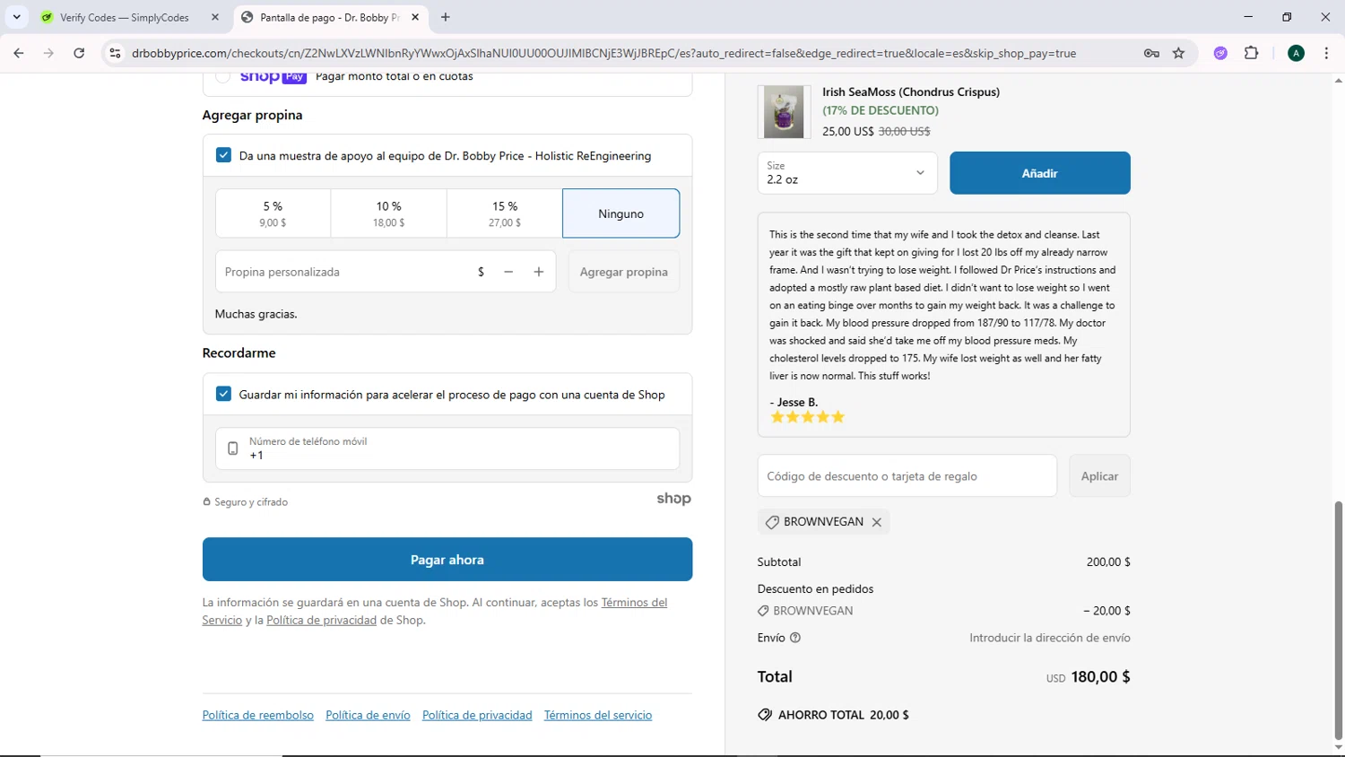 Dr. Bobby Price discount code screenshot showing code BROWNVEGAN applied at Dr. Bobby Price checkout page. Uploaded by SimplyCodes community member DiscountCurator2907 on Jun 17, 2025