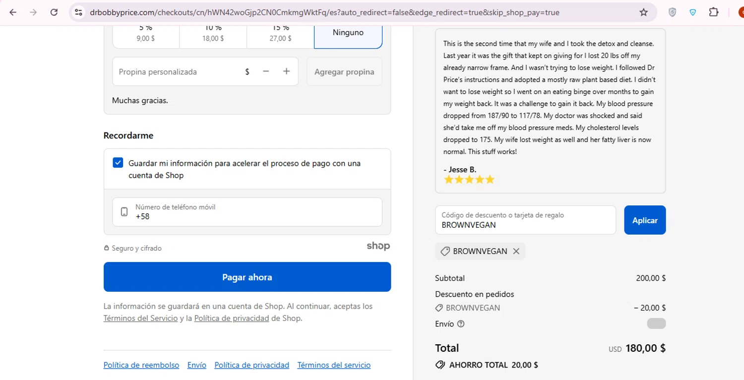 Dr. Bobby Price discount code screenshot showing code BROWNVEGAN applied at Dr. Bobby Price checkout page. Uploaded by SimplyCodes community member carol_lameda on Oct 12, 2025