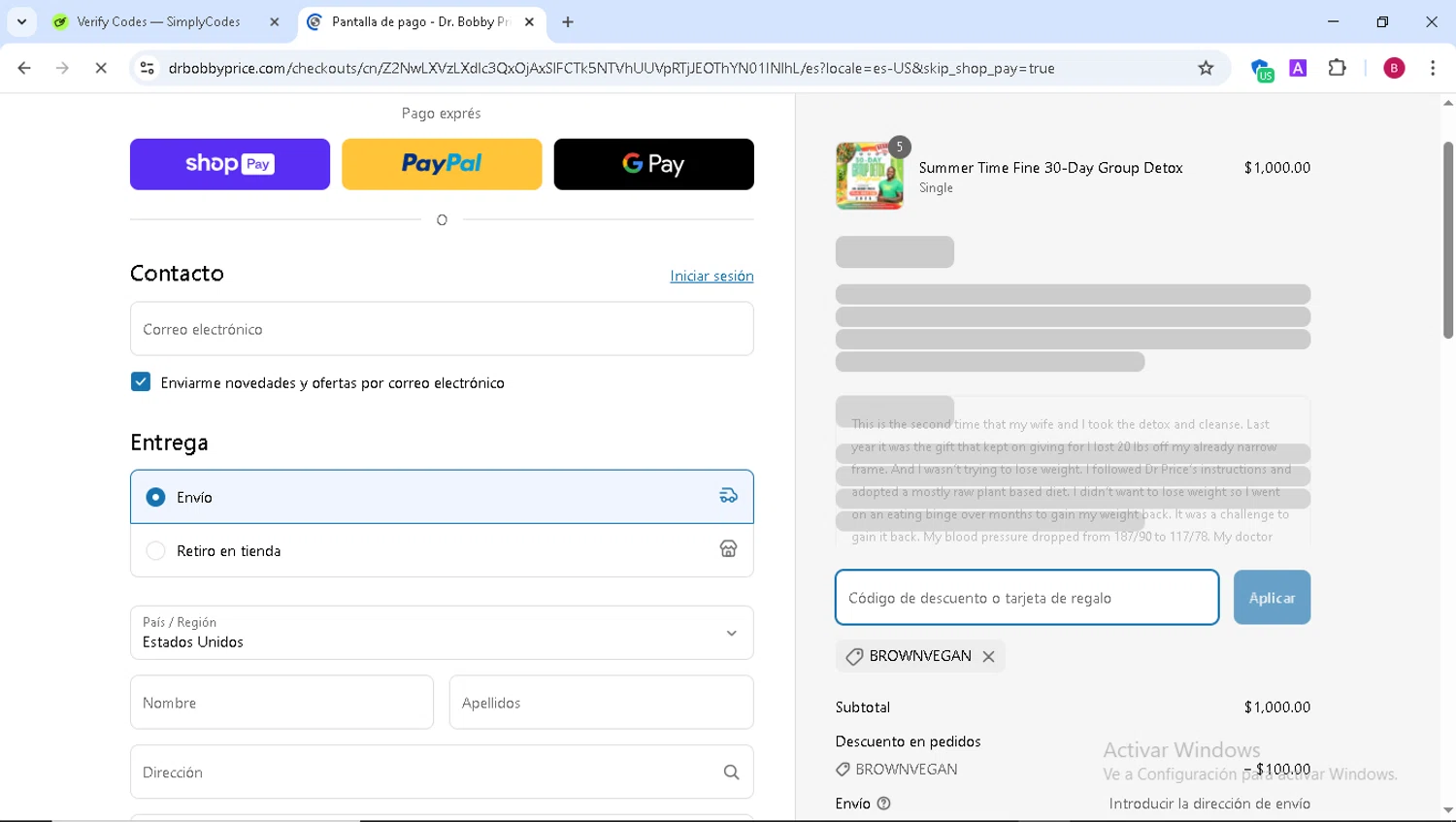 Dr. Bobby Price discount code screenshot showing code BROWNVEGAN applied at Dr. Bobby Price checkout page. Uploaded by SimplyCodes community member VictoriousSentinel9543 on Mar 27, 2025