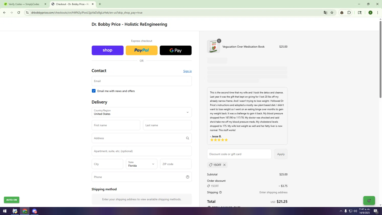 Dr. Bobby Price discount code screenshot showing code 15OFF applied at Dr. Bobby Price checkout page. Uploaded by SimplyCodes community member INSECTOS on Sep 14, 2025