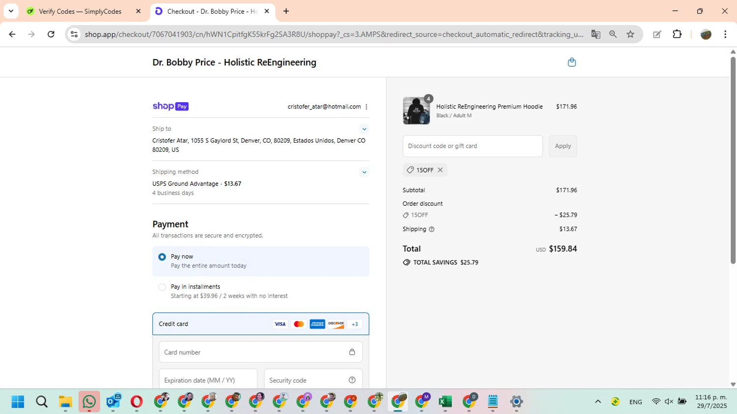 Dr. Bobby Price discount code screenshot showing code 15OFF applied at Dr. Bobby Price checkout page. Uploaded by SimplyCodes community member FundoEsperanza on Jul 30, 2025
