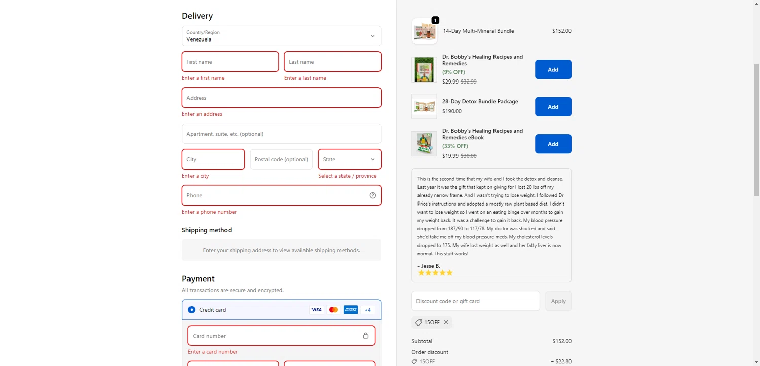 Dr. Bobby Price discount code screenshot showing code 15OFF applied at Dr. Bobby Price checkout page. Uploaded by SimplyCodes community member TreasureKnight4134 on Nov 17, 2025