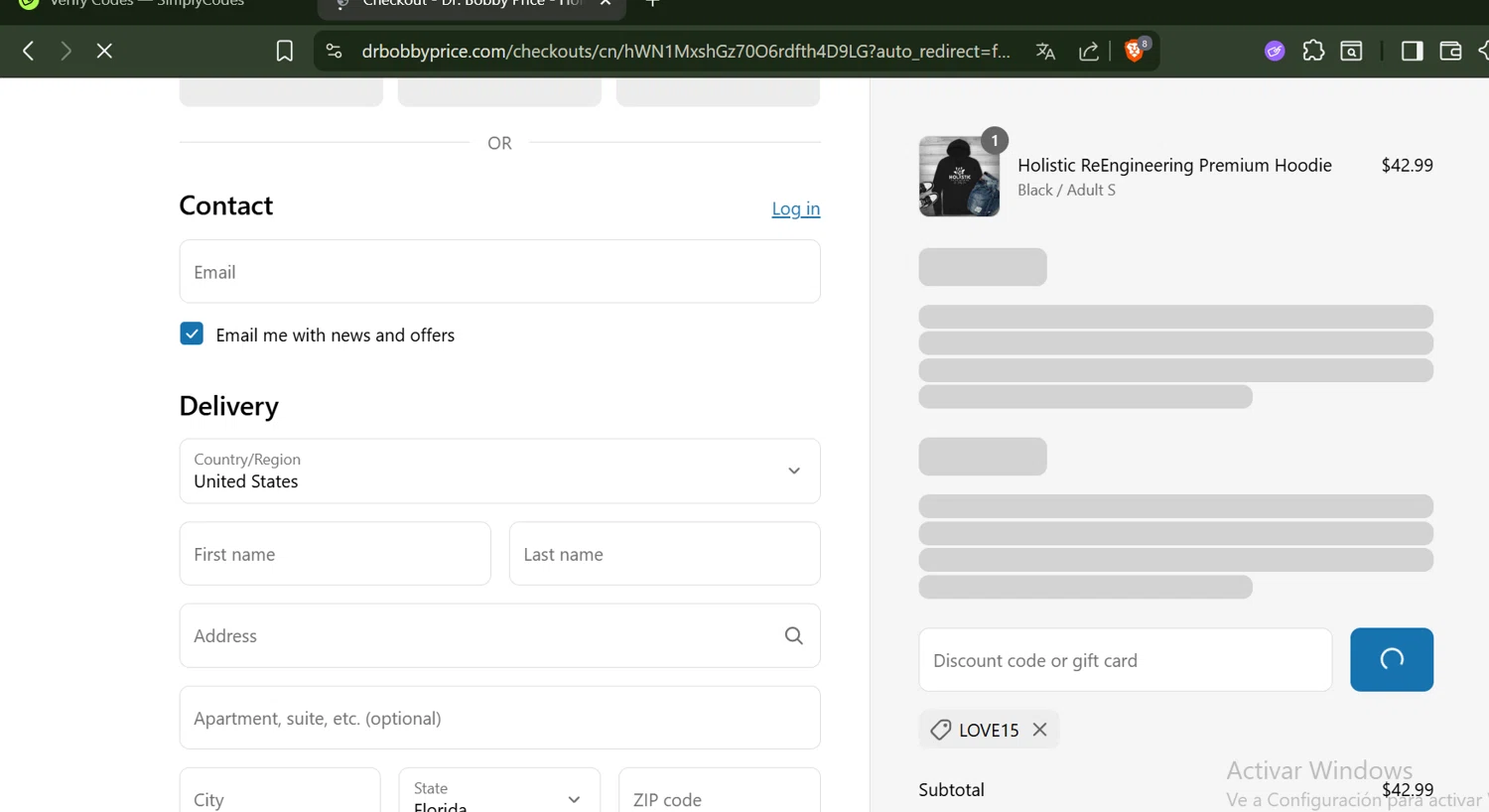 Dr. Bobby Price discount code screenshot showing code LOVE15 applied at Dr. Bobby Price checkout page. Uploaded by SimplyCodes community member SwiftLynx6587 on Aug 3, 2025