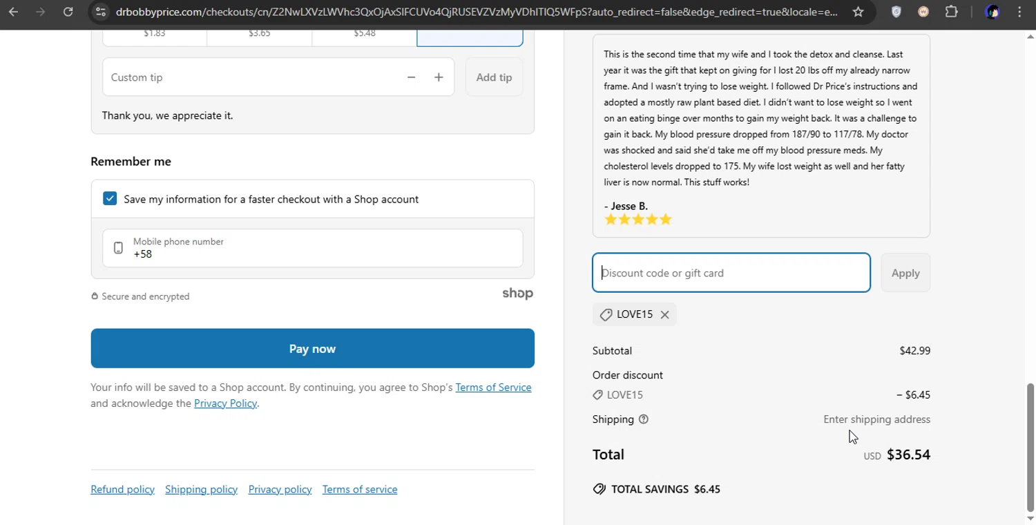 Dr. Bobby Price discount code screenshot showing code LOVE15 applied at Dr. Bobby Price checkout page. Uploaded by SimplyCodes community member xXSATOXx on Mar 27, 2025