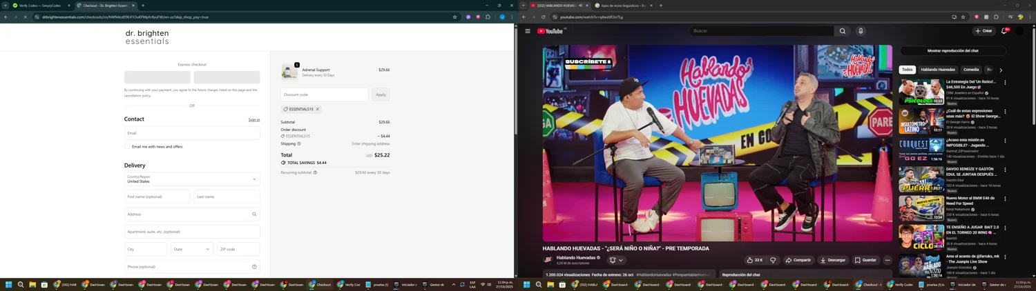 Dr. Brighten Essentials promo code screenshot showing code ESSENTIALS15 applied at Dr. Brighten Essentials checkout page. Uploaded by SimplyCodes community member BargainGuardian280 on Oct 28, 2025