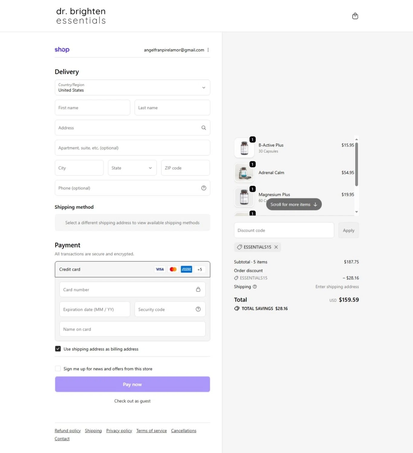 Dr. Brighten Essentials promo code screenshot showing code ESSENTIALS15 applied at Dr. Brighten Essentials checkout page. Uploaded by SimplyCodes community member FortunateShopper8827 on Oct 23, 2025