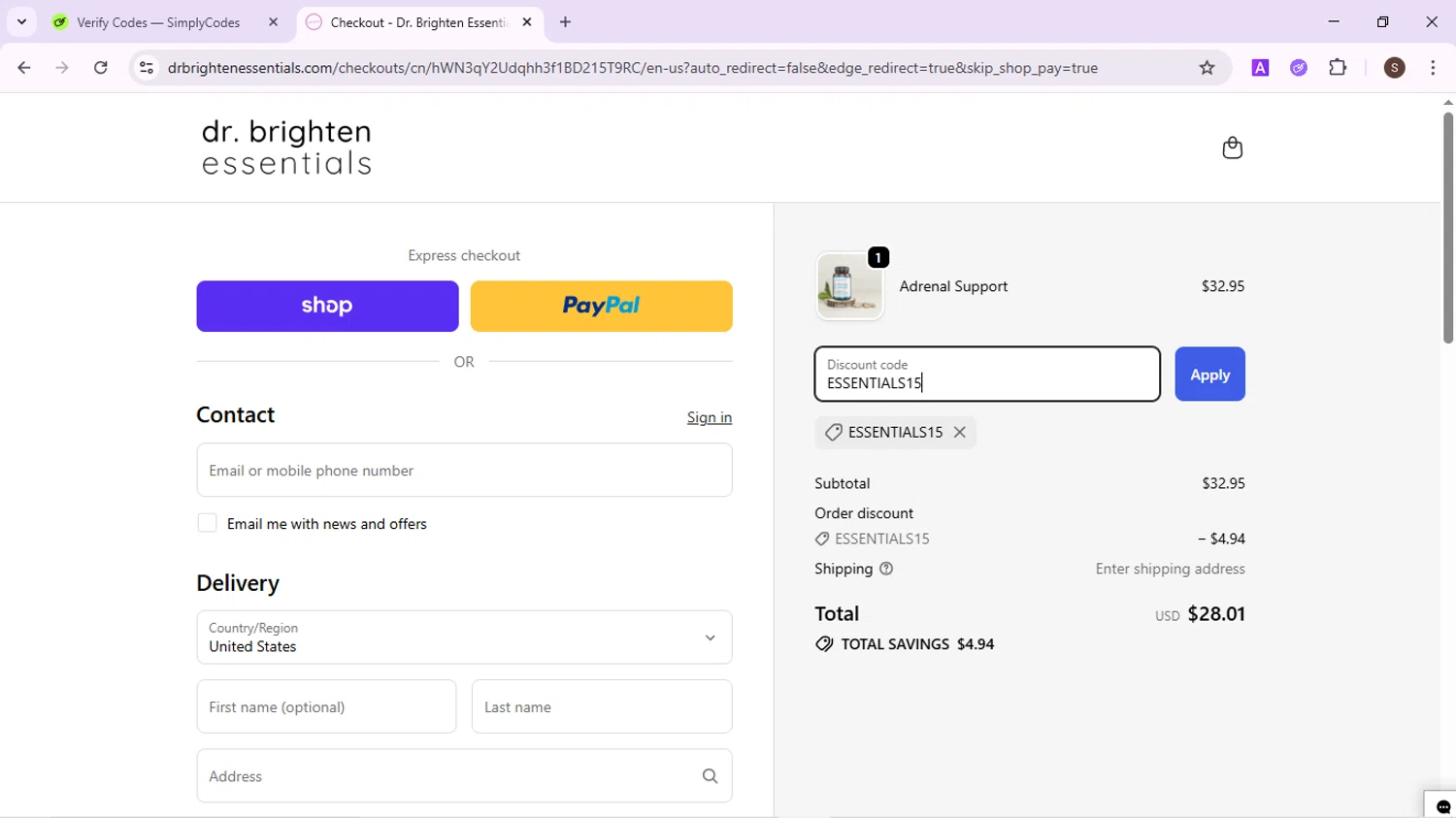 Dr. Brighten Essentials promo code screenshot showing code ESSENTIALS15 applied at Dr. Brighten Essentials checkout page. Uploaded by SimplyCodes community member QuestPhoenix2794 on Oct 7, 2025