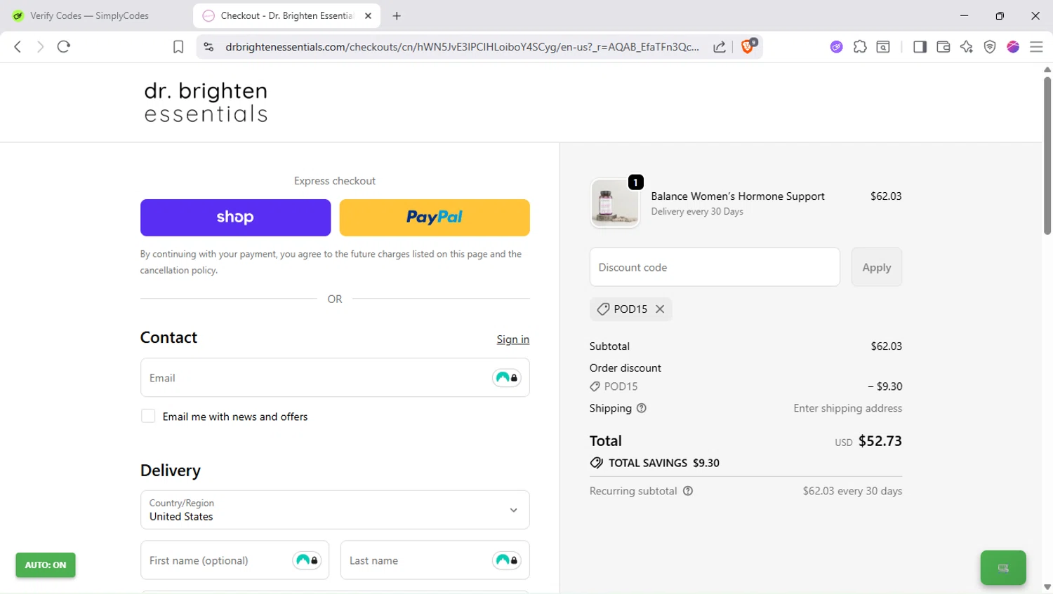 Dr. Brighten Essentials promo code screenshot showing code POD15 applied at Dr. Brighten Essentials checkout page. Uploaded by SimplyCodes community member SapeGato on Nov 15, 2025