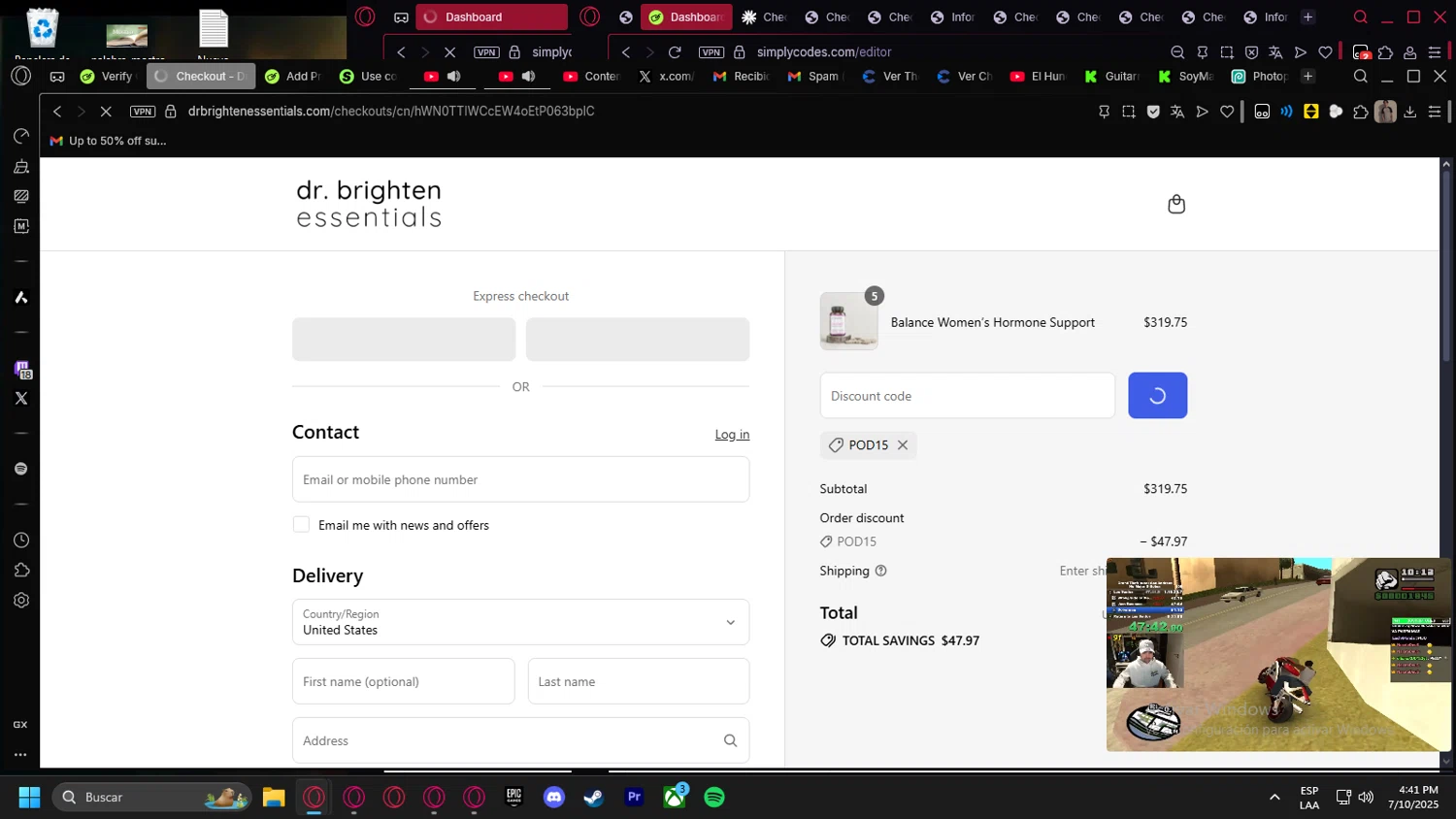 Dr. Brighten Essentials promo code screenshot showing code POD15 applied at Dr. Brighten Essentials checkout page. Uploaded by SimplyCodes community member kurcovein on Jul 10, 2025