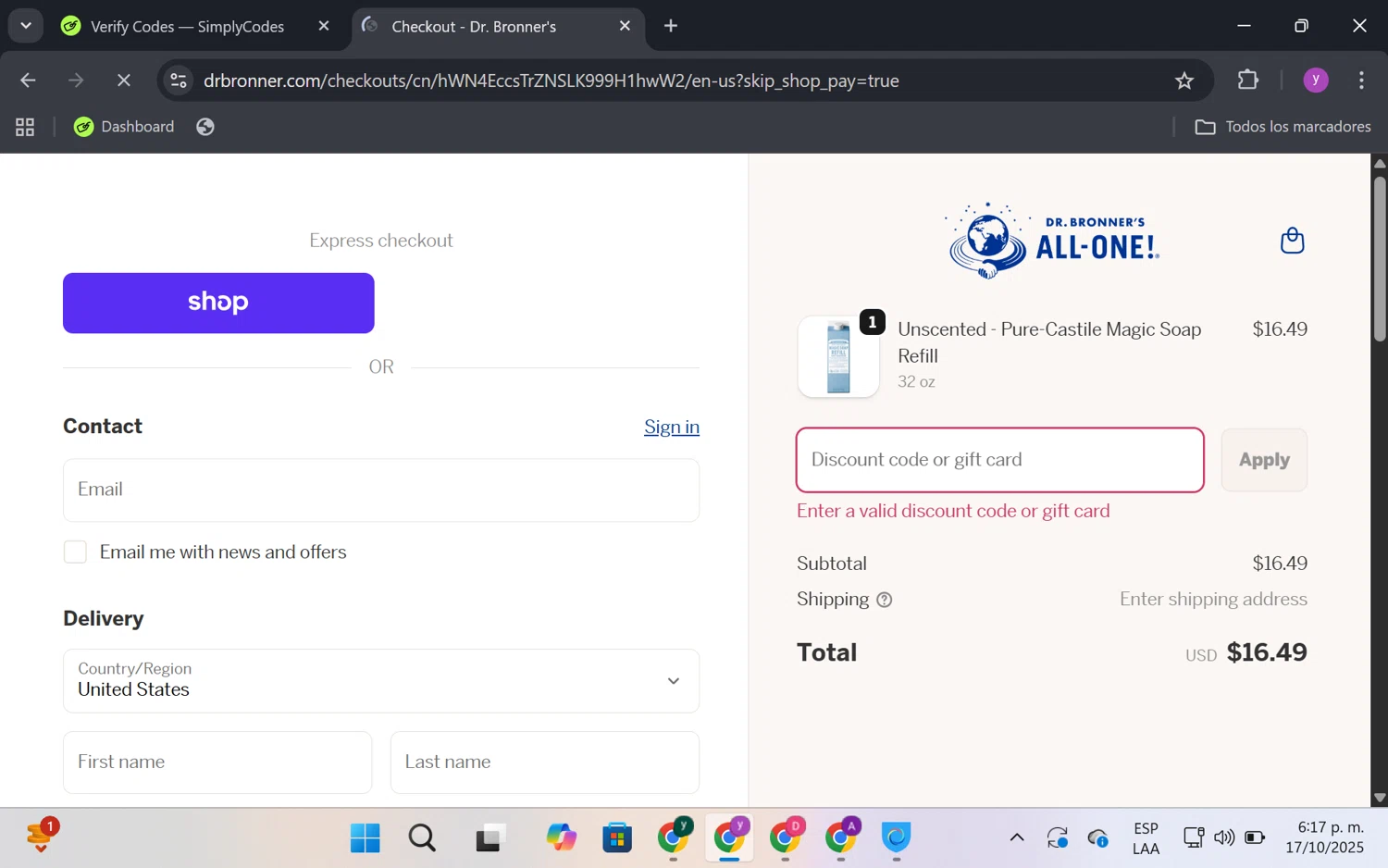 Dr. Bronner's discount code screenshot showing code REFILL applied at Dr. Bronner's checkout page. Uploaded by SimplyCodes community member FrugalKnight6753 on Oct 17, 2025