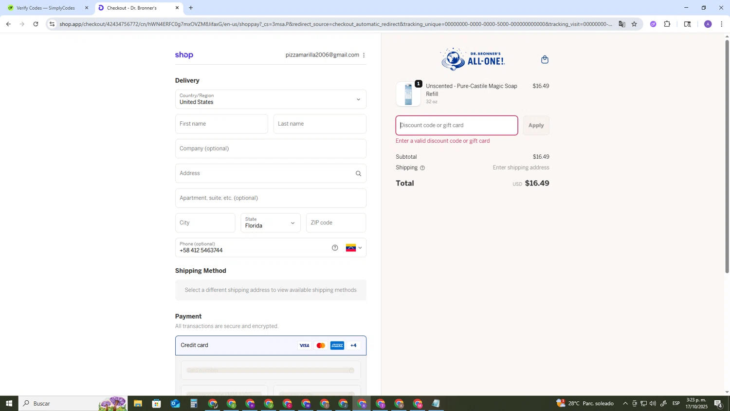 Dr. Bronner's discount code screenshot showing code REFILL applied at Dr. Bronner's checkout page. Uploaded by SimplyCodes community member SAKURA on Oct 17, 2025