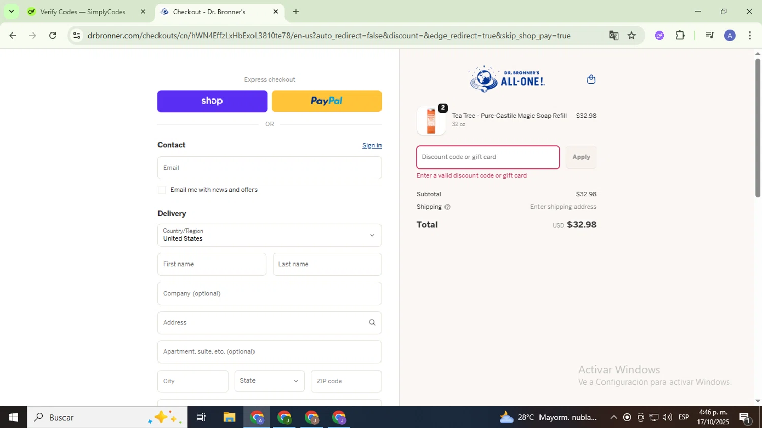 Dr. Bronner's discount code screenshot showing code REFILL applied at Dr. Bronner's checkout page. Uploaded by SimplyCodes community member TreasureCaptain5531 on Oct 17, 2025