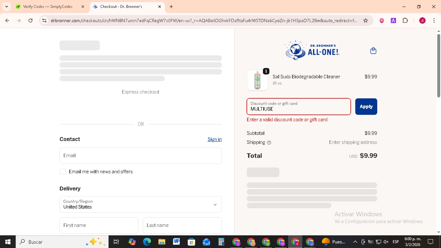 Dr. Bronner's discount code screenshot showing code MULTIUSE applied at Dr. Bronner's checkout page. Uploaded by SimplyCodes community member FrugalMonarch7277 on Feb 3, 2026