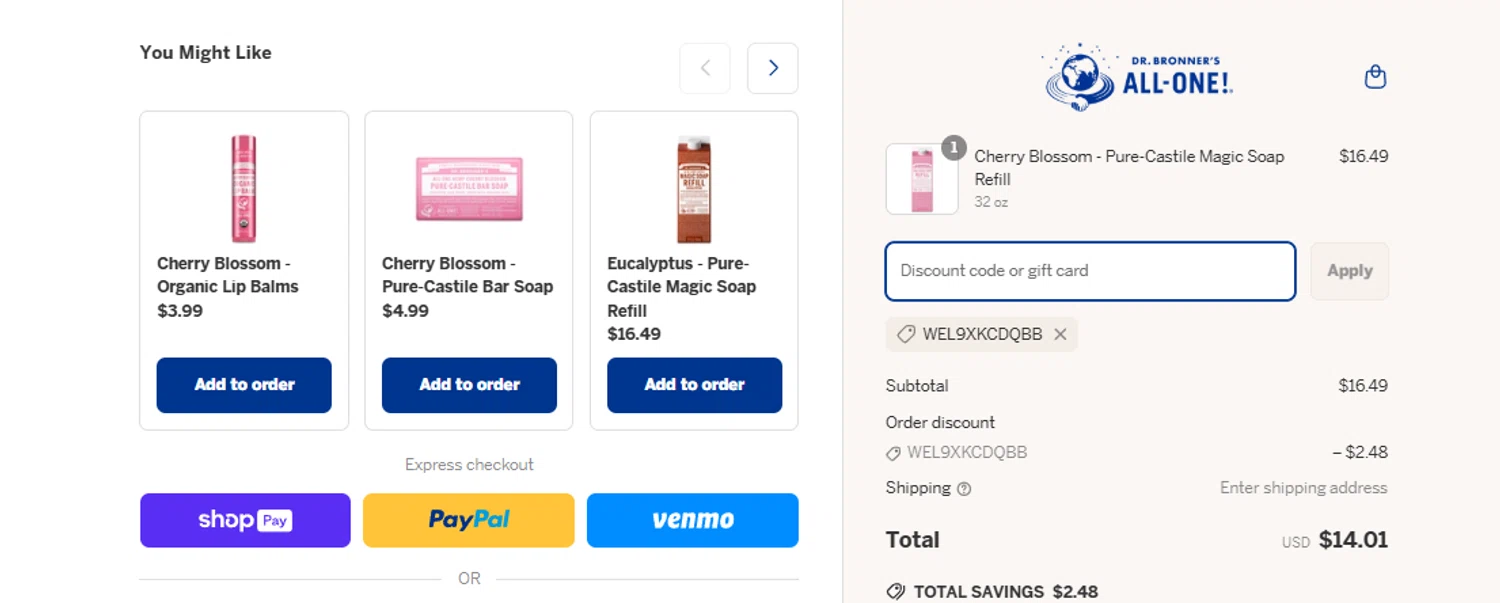 Dr. Bronner's discount code screenshot showing code Wel9XKCDQBB applied at Dr. Bronner's checkout page. Uploaded by SimplyCodes community member Aressss on Apr 7, 2025