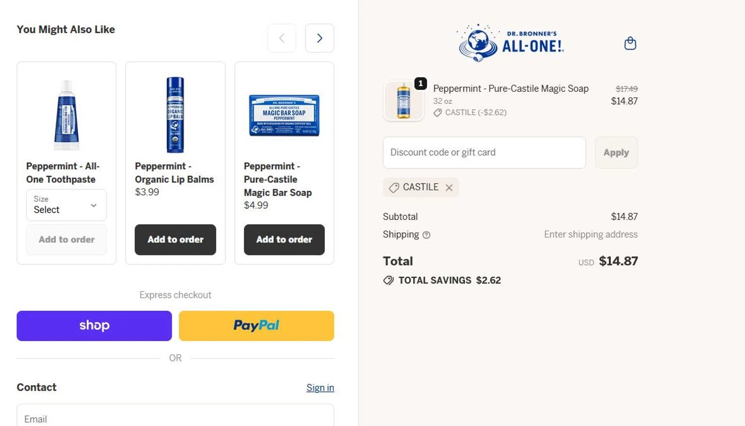 Dr. Bronner's discount code screenshot showing code castile applied at Dr. Bronner's checkout page. Uploaded by SimplyCodes community member stygian1 on Dec 29, 2025
