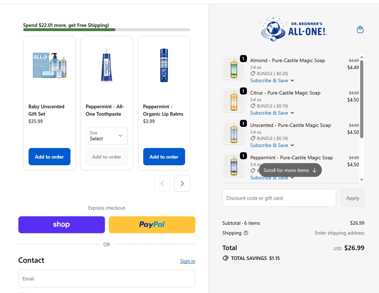 Dr. Bronner's promo code screenshot showing code BUNDLE applied at Dr. Bronner's checkout page. Uploaded by SimplyCodes community member valeriaantonieta on Jun 2, 2026