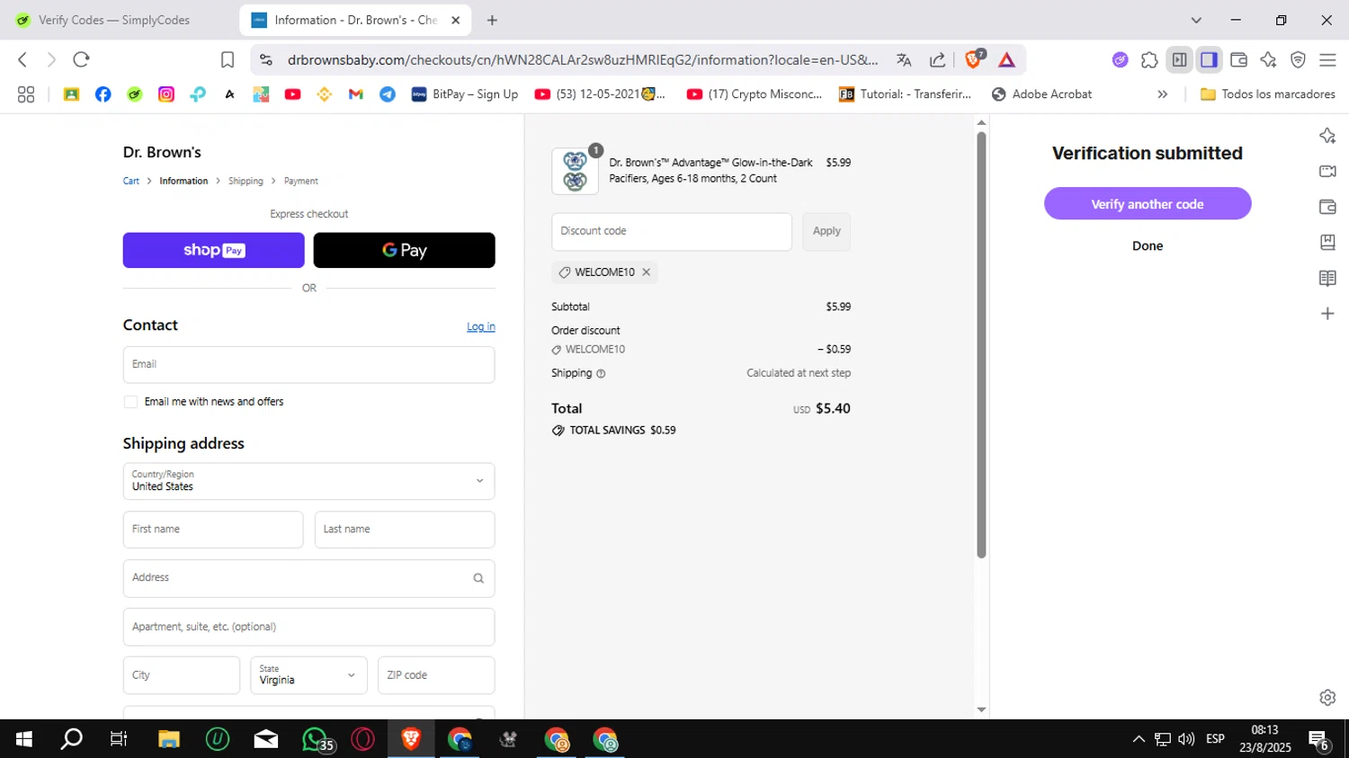 Dr. Brown's Baby promo code screenshot showing code WELCOME10 applied at Dr. Brown's Baby checkout page. Uploaded by SimplyCodes community member Sungjinwoo on Aug 23, 2025