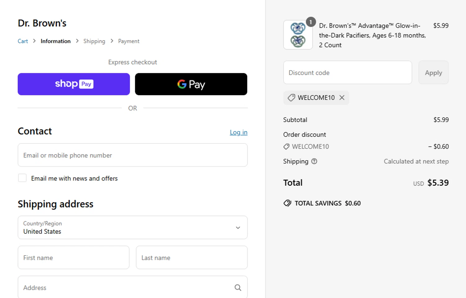 Dr. Brown's Baby promo code screenshot showing code WELCOME10 applied at Dr. Brown's Baby checkout page. Uploaded by SimplyCodes community member SwiftTracker8156 on Jun 10, 2025