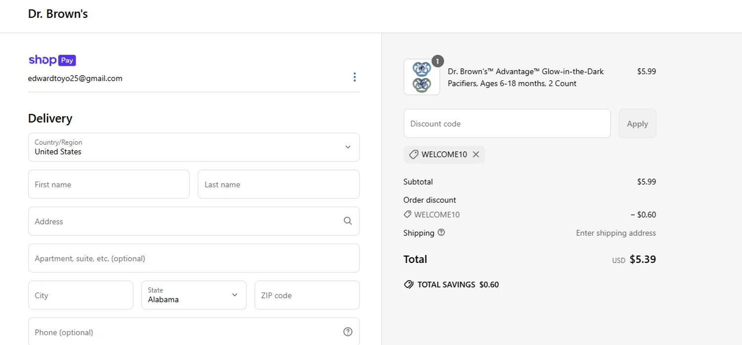 Dr. Brown's Baby promo code screenshot showing code WELCOME10 applied at Dr. Brown's Baby checkout page. Uploaded by SimplyCodes community member hierroenlol on Jun 24, 2025