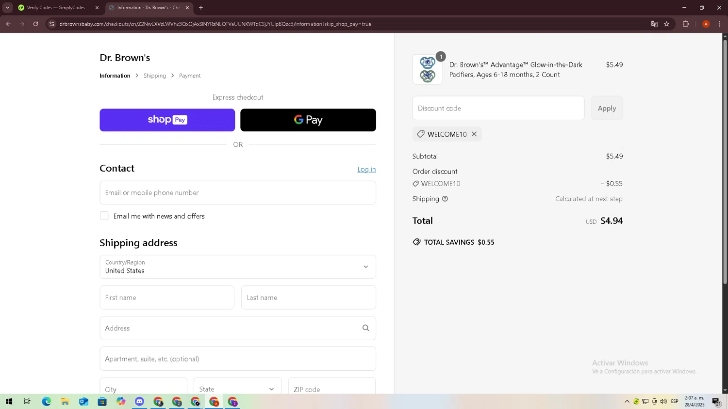 Dr. Brown's Baby checkout page showing Dr. Brown's Baby promo code box | Screenshot taken by SimplyCodes community member on Apr 28, 2025