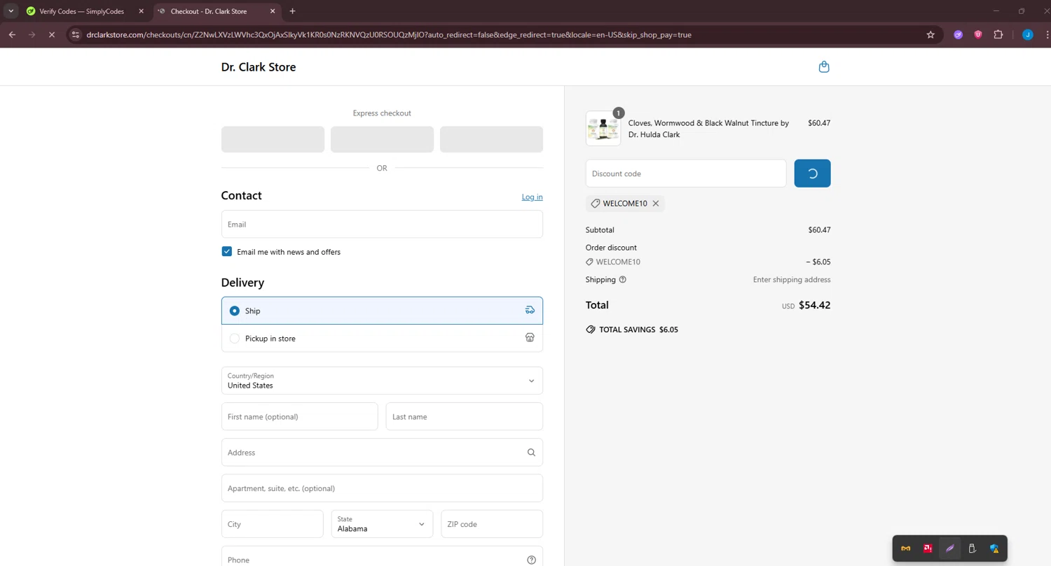 Dr. Clark Store discount code screenshot showing code WELCOME10 applied at Dr. Clark Store checkout page. Uploaded by SimplyCodes community member BargainGuardian280 on Jun 19, 2025