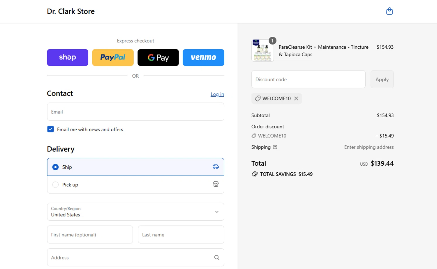 Dr. Clark Store discount code screenshot showing code WELCOME10 applied at Dr. Clark Store checkout page. Uploaded by SimplyCodes community member VoucherVirtuoso2520 on Sep 8, 2025
