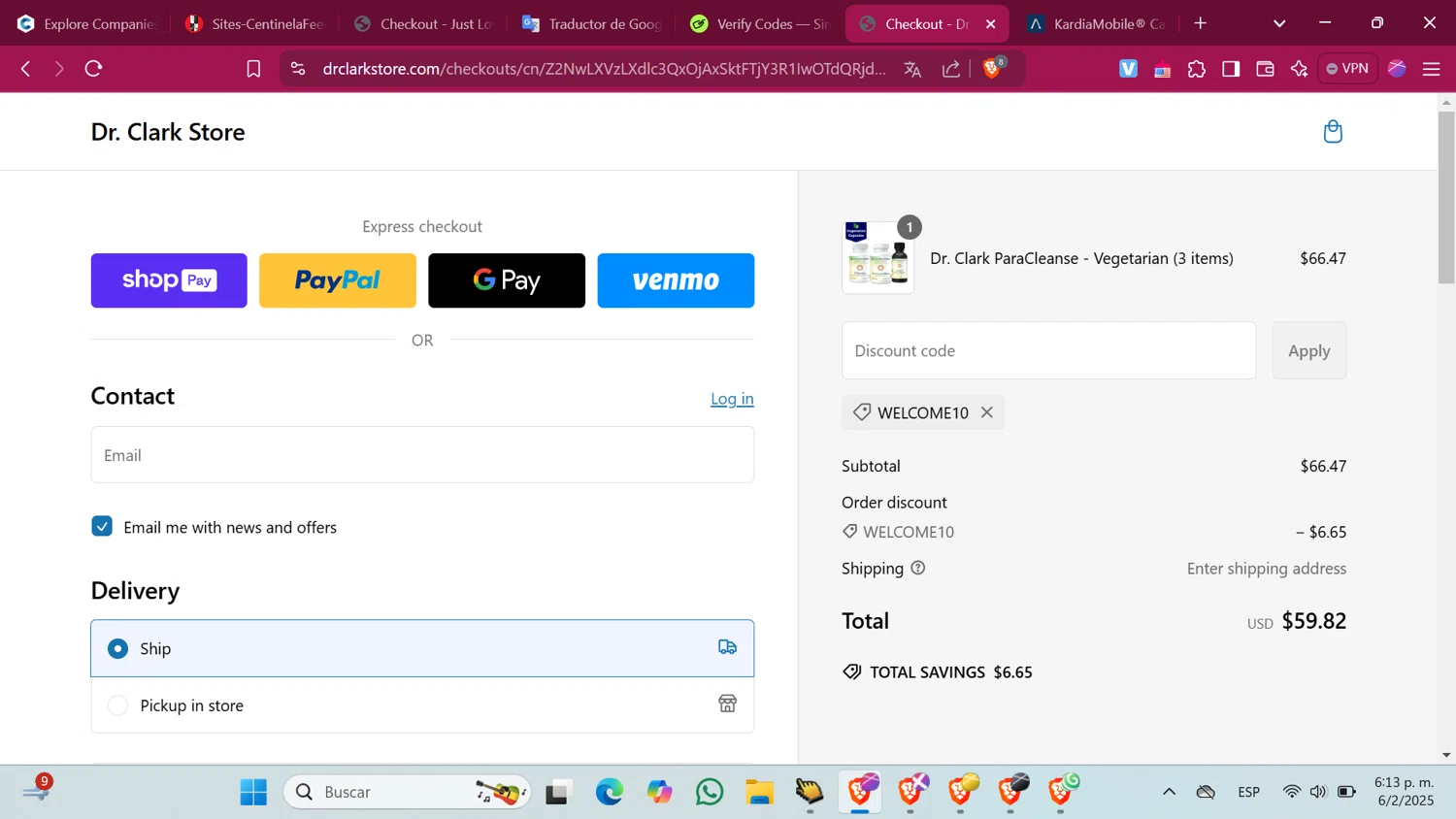 Dr. Clark Store discount code screenshot showing code WELCOME10 applied at Dr. Clark Store checkout page. Uploaded by SimplyCodes community member ShrewdMonarch4436 on Feb 6, 2025