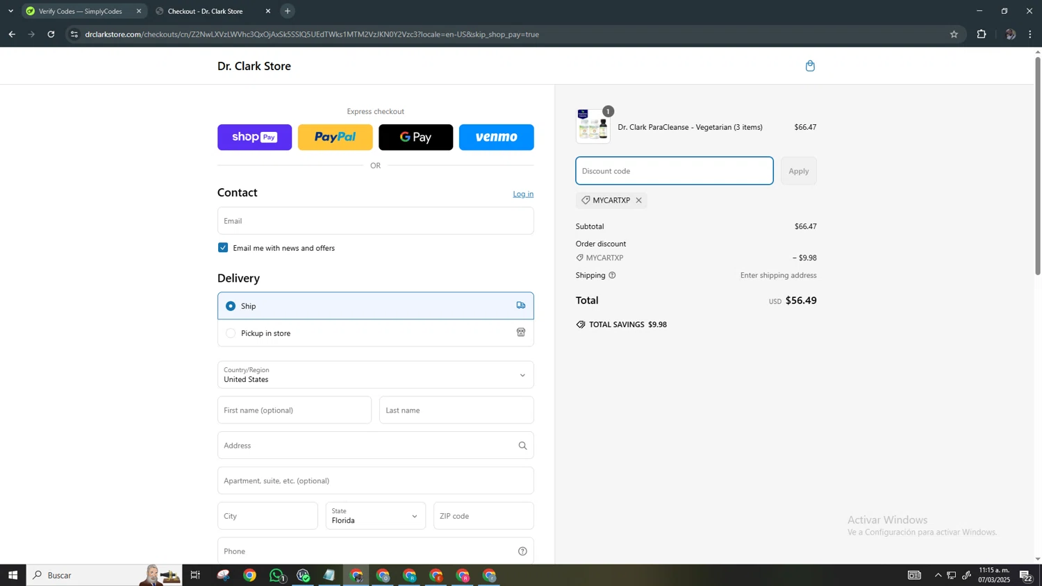 Dr. Clark Store discount code screenshot showing code MYCARTXP applied at Dr. Clark Store checkout page. Uploaded by SimplyCodes community member Chamber on Mar 7, 2025