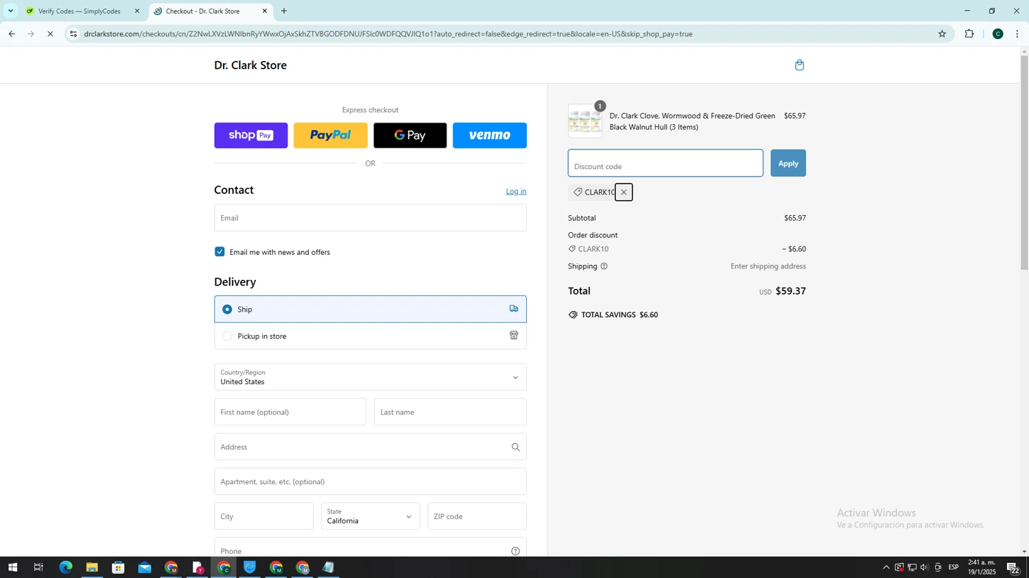 Dr. Clark Store discount code screenshot showing code CLARK10 applied at Dr. Clark Store checkout page. Uploaded by SimplyCodes community member neygoot on Jan 19, 2025