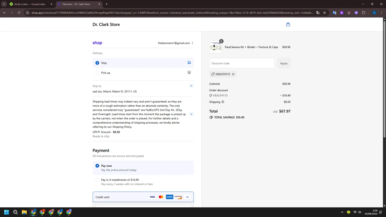Dr. Clark Store discount code screenshot showing code Healthy15 applied at Dr. Clark Store checkout page. Uploaded by SimplyCodes community member ExtraordinarySleuth4345 on Sep 4, 2025