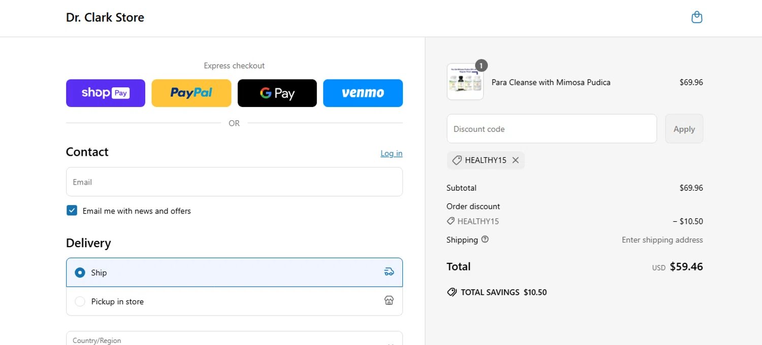 Dr. Clark Store discount code screenshot showing code Healthy15 applied at Dr. Clark Store checkout page. Uploaded by SimplyCodes community member shark12 on Jun 3, 2025