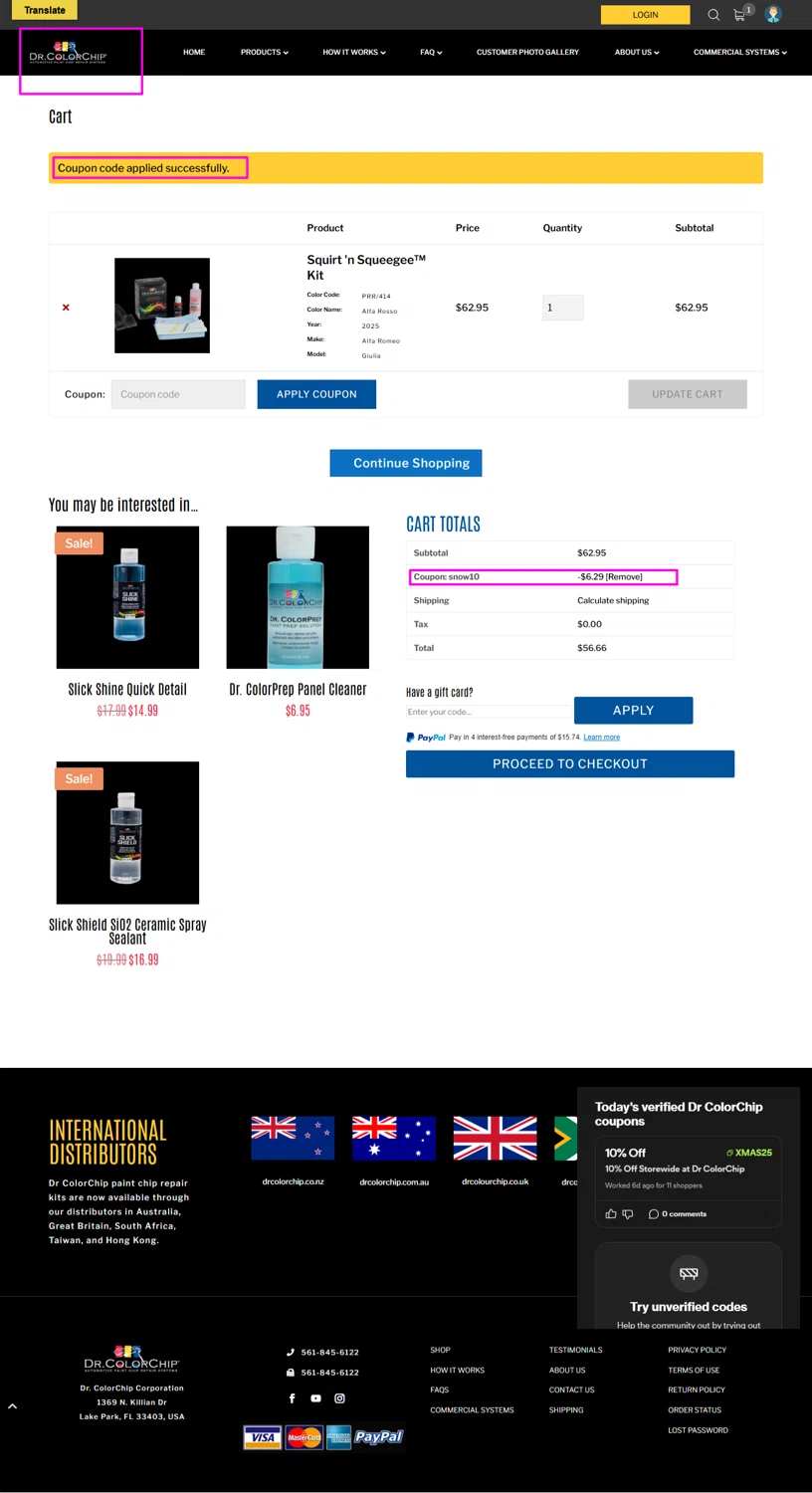 Dr ColorChip promo code screenshot showing code SNOW10 applied at Dr ColorChip checkout page. Uploaded by SimplyCodes community member mrdarcy on Jan 31, 2026