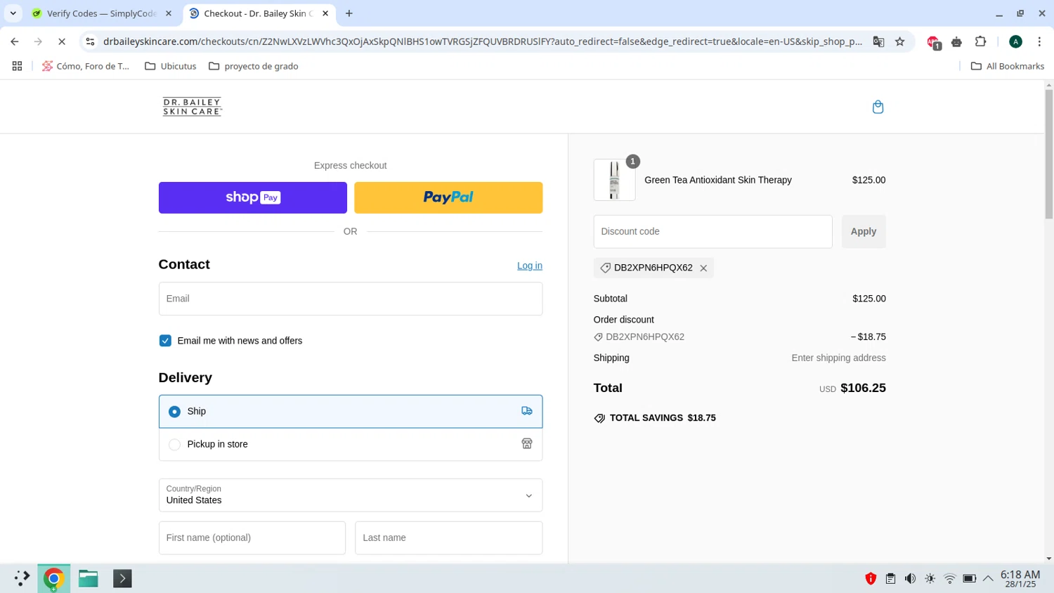 Dr. Cynthia Bailey coupon code screenshot showing code DB2XPN6HPQX62 applied at Dr. Cynthia Bailey checkout page. Uploaded by SimplyCodes community member admeneses on Jan 28, 2025