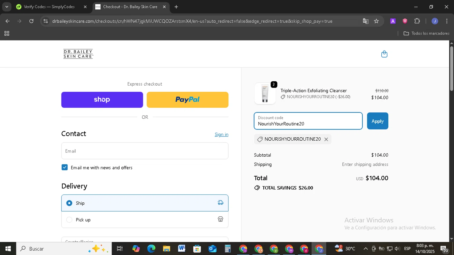 Dr. Cynthia Bailey coupon code screenshot showing code NourishYourRoutine20 applied at Dr. Cynthia Bailey checkout page. Uploaded by SimplyCodes community member EpicSage3474 on Oct 15, 2025