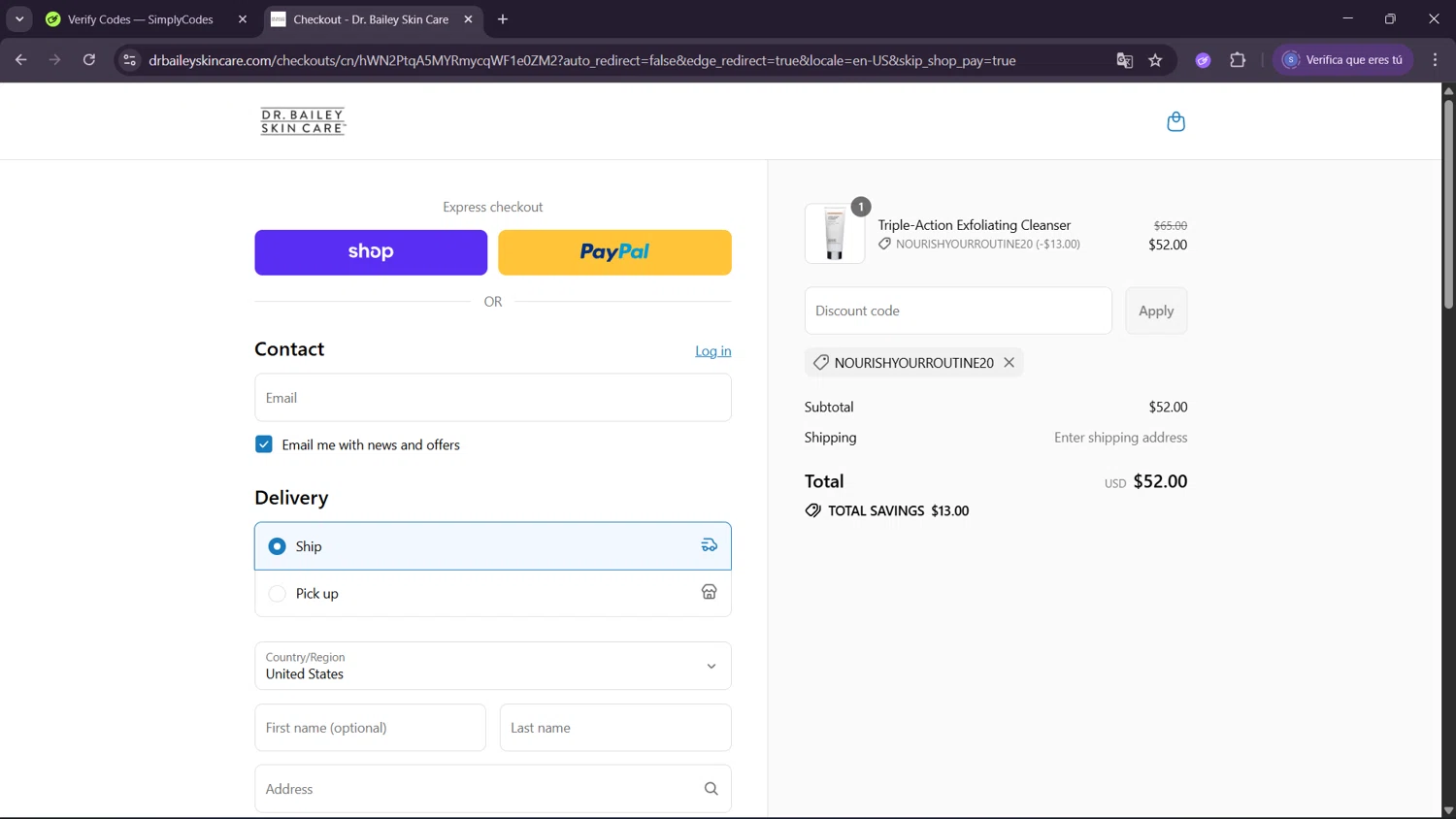 Dr. Cynthia Bailey coupon code screenshot showing code NourishYourRoutine20 applied at Dr. Cynthia Bailey checkout page. Uploaded by SimplyCodes community member ExtraordinaryWhiz4519 on Aug 31, 2025