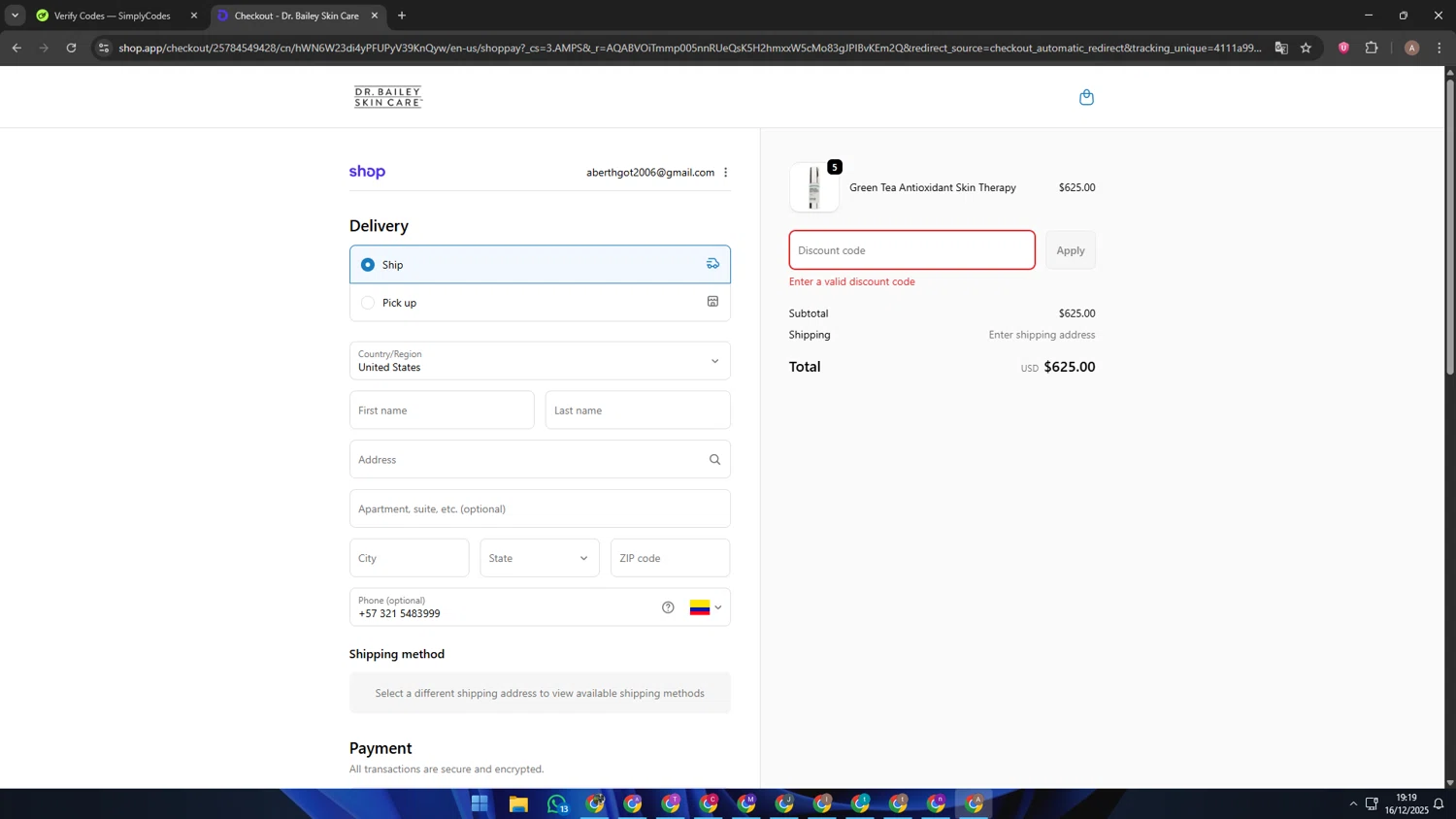 Dr. Cynthia Bailey coupon code screenshot showing code NourishYourRoutine20 applied at Dr. Cynthia Bailey checkout page. Uploaded by SimplyCodes community member SwiftSage2309 on Dec 17, 2025