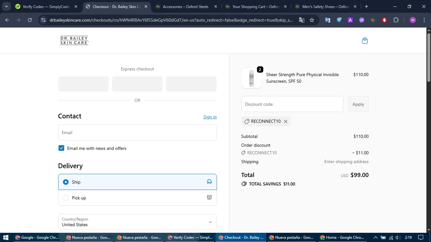 Dr. Cynthia Bailey coupon code screenshot showing code RECONNECT10 applied at Dr. Cynthia Bailey checkout page. Uploaded by SimplyCodes community member MightyTracker1549 on Oct 23, 2025