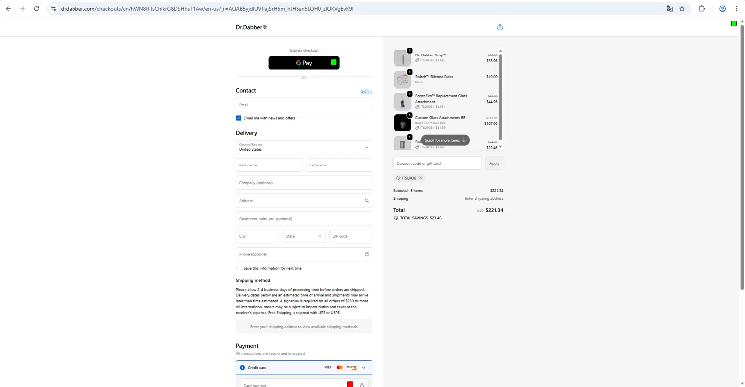 Dr. Dabber promo code screenshot showing code ITSLROB applied at Dr. Dabber checkout page. Uploaded by SimplyCodes community member luffyreturn on Feb 11, 2026