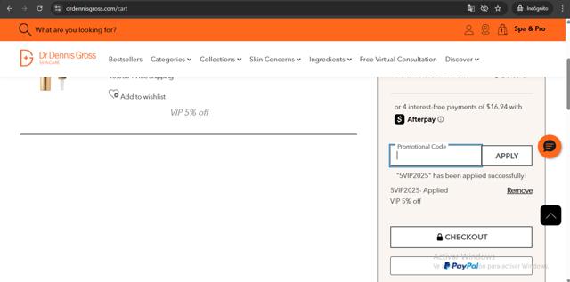 Dr. Dennis Gross checkout page showing Dr. Dennis Gross coupon code box | Screenshot taken by SimplyCodes community member on Aug 25, 2025