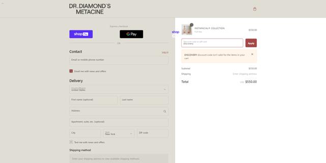 Dr Diamond's Metacine checkout page showing Dr Diamond's Metacine promo code box | Screenshot taken by SimplyCodes community member on Oct 16, 2024
