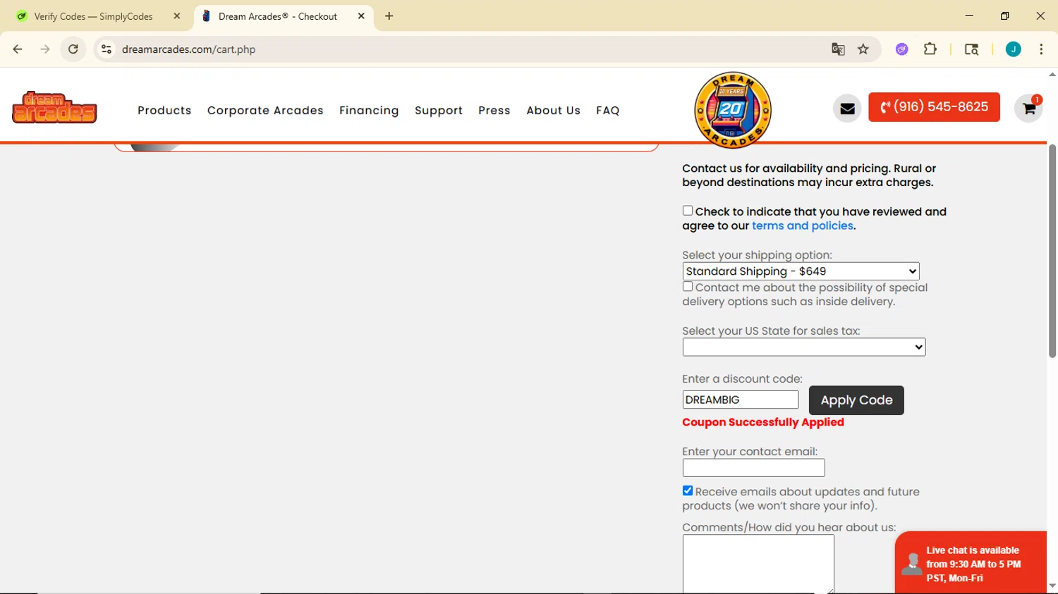 Dream Arcades discount code screenshot showing code DREAMBIG applied at Dream Arcades checkout page. Uploaded by SimplyCodes community member GoldDefender3268 on Jun 27, 2025