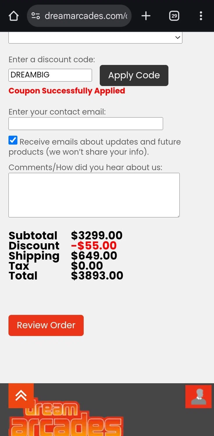 Dream Arcades discount code screenshot showing code DREAMBIG applied at Dream Arcades checkout page. Uploaded by SimplyCodes community member ValiantCurator3344 on Jun 27, 2025