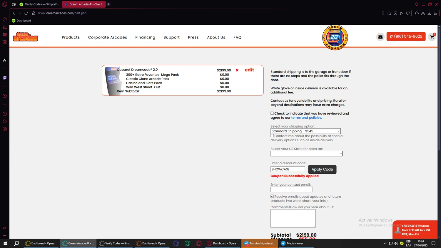 Dream Arcades discount code screenshot showing code SHOWCASE applied at Dream Arcades checkout page. Uploaded by SimplyCodes community member SwiftVoyager5067 on Jun 27, 2025