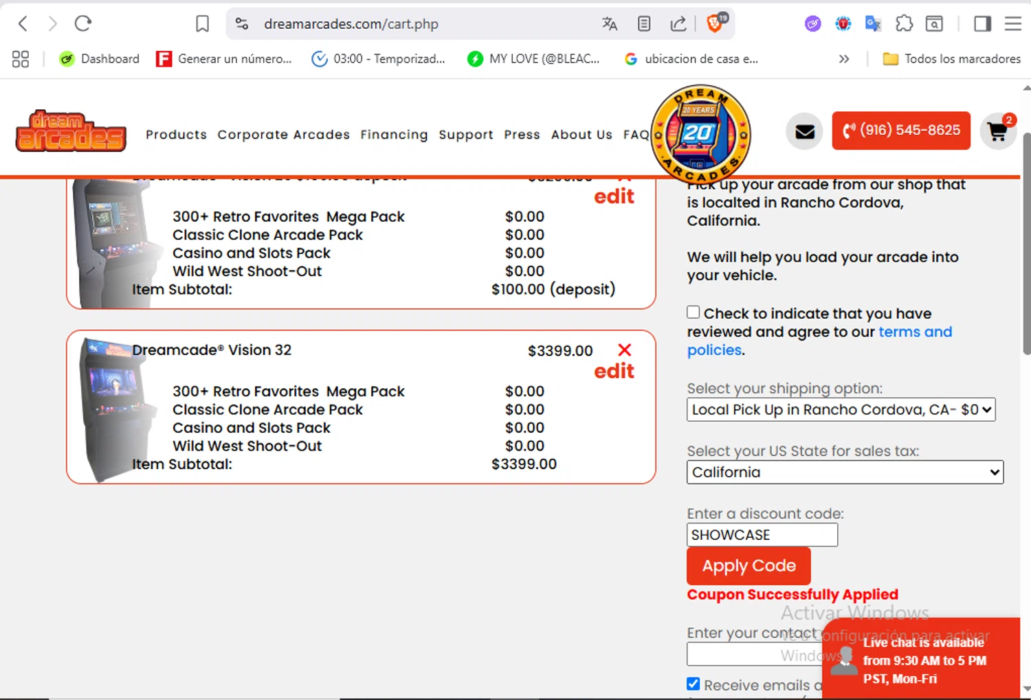 Dream Arcades discount code screenshot showing code SHOWCASE applied at Dream Arcades checkout page. Uploaded by SimplyCodes community member VoucherFalcon3942 on Oct 18, 2025