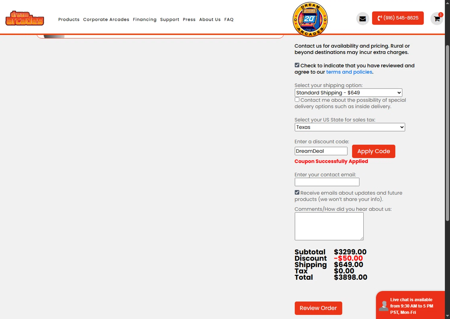 Dream Arcades discount code screenshot showing code DreamDeal applied at Dream Arcades checkout page. Uploaded by SimplyCodes community member Alejandra10 on Sep 19, 2025