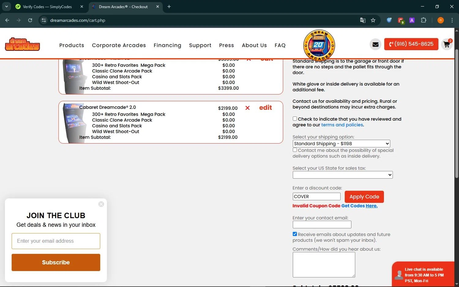 Dream Arcades discount code screenshot showing code DreamDeal applied at Dream Arcades checkout page. Uploaded by SimplyCodes community member NobleScholar188 on Oct 27, 2025