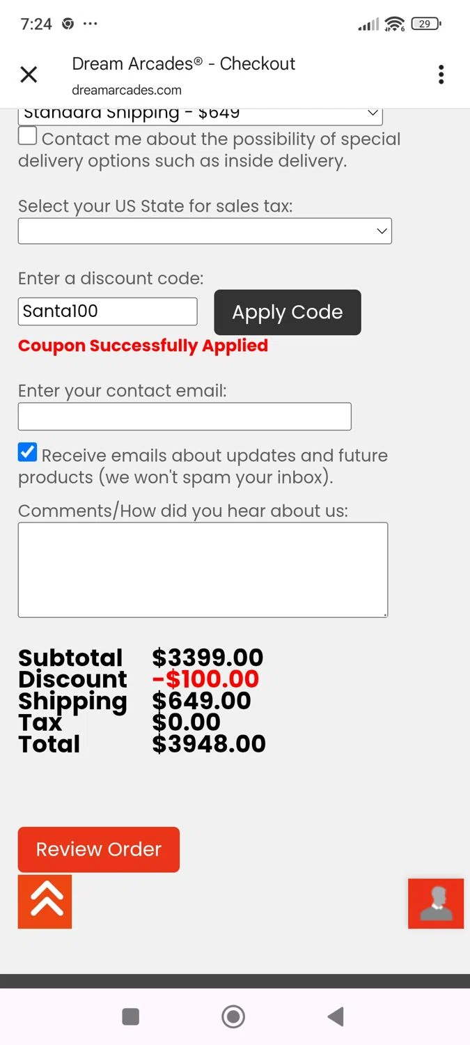 Dream Arcades discount code screenshot showing code Santa100 applied at Dream Arcades checkout page. Uploaded by SimplyCodes community member ShieldWhiz4659 on Dec 18, 2025