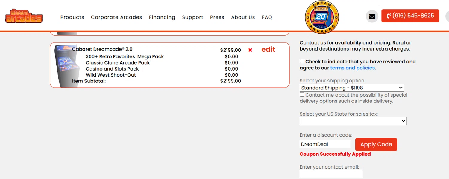 Dream Arcades discount code screenshot showing code DreamDeal applied at Dream Arcades checkout page. Uploaded by SimplyCodes community member ashe1986 on Aug 27, 2025